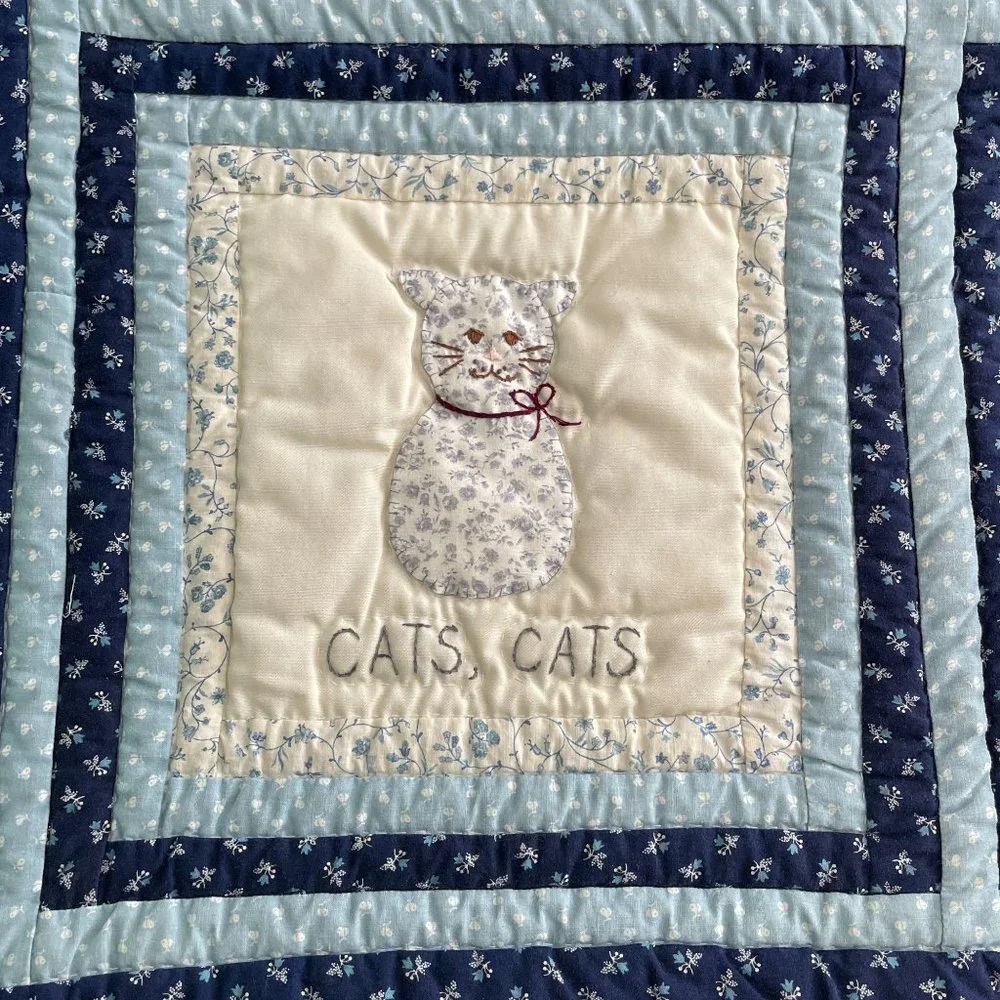 Vintage Handmade Patchwork Baby Children Blanket Crib Quilt Cat Balloon Rain